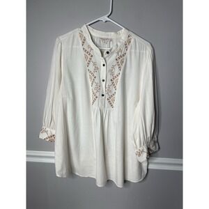 VTG‎ Folk Embroidered Boho Blouse Women's XXL Peasant Cotton Blend Off White EUC